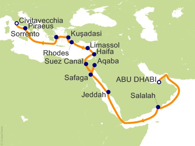 Seven Seas Splendor Voyage SPL270425 itinerary map from Abu Dhabi to Rome (Civitavecchia), April 25-May 18 2027, 23 days