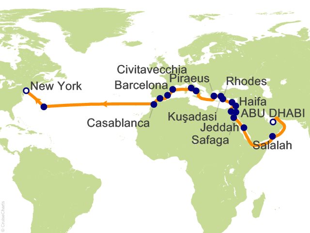 Seven Seas Splendor Voyage SPL270425A itinerary map from Abu Dhabi to New York, April 25-June 1 2027, 37 days