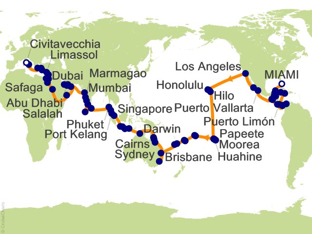 Seven Seas Splendor Voyage SPL270111F itinerary map from Miami to Rome (Civitavecchia), January 11-May 18 2027, 127 days