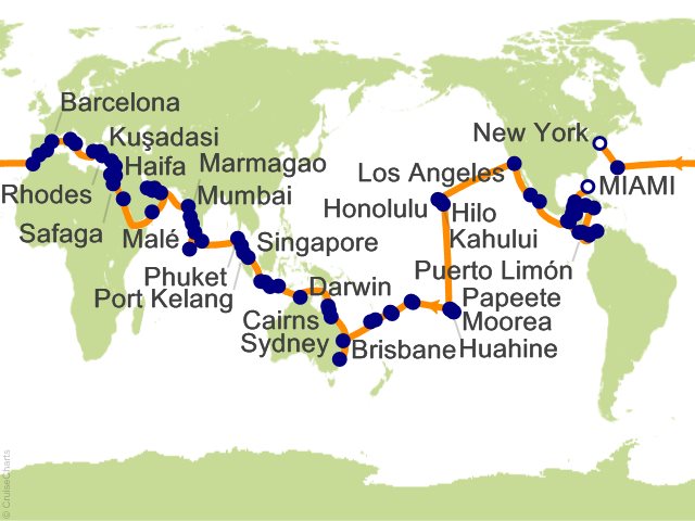 Seven Seas Splendor Voyage SPL270111G itinerary map from Miami to New York, January 11-June 1 2027, 141 days