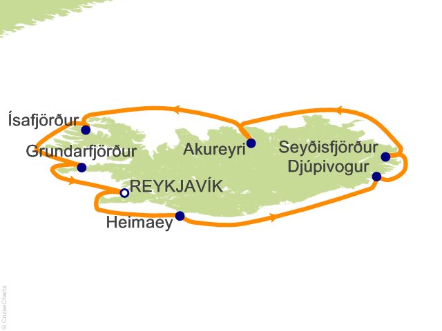 Seven Seas Splendor Voyage SPL270818 itinerary map from Reykjavik to Reykjavik, August 18-28 2027, 10 days
