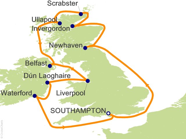 Seven Seas Splendor Voyage SPL270615 itinerary map from London (Southampton) to London (Southampton), June 15-27 2027, 12 days