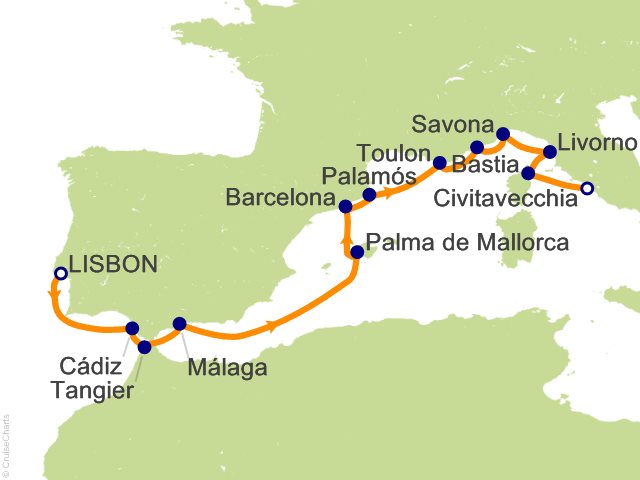 Seven Seas Splendor Voyage SPL271017 itinerary map from Lisbon to Rome (Civitavecchia), October 17-31 2027, 14 days
