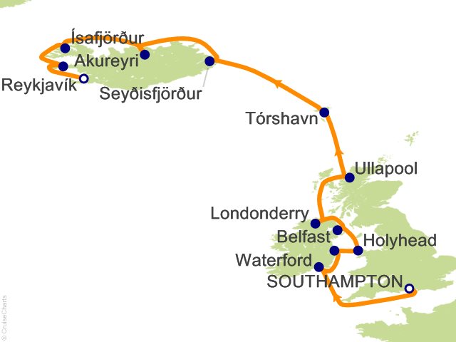 Seven Seas Splendor Voyage SPL270725 itinerary map from London (Southampton) to Reykjavik, July 25-August 8 2027, 14 days