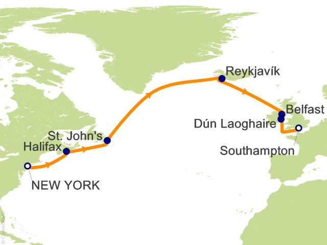 Seven Seas Splendor Voyage SPL270601 itinerary map from New York to London (Southampton), June 1-15 2027, 14 days