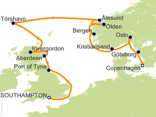 Seven Seas Splendor Voyage SPL270627 itinerary map from London (Southampton) to Copenhagen, June 27-July 11 2027, 14 days