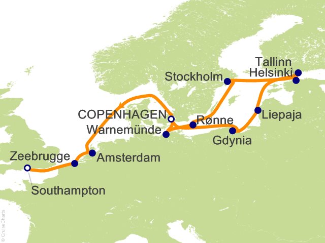 Seven Seas Splendor Voyage SPL270711 itinerary map from Copenhagen to London (Southampton), July 11-25 2027, 14 days
