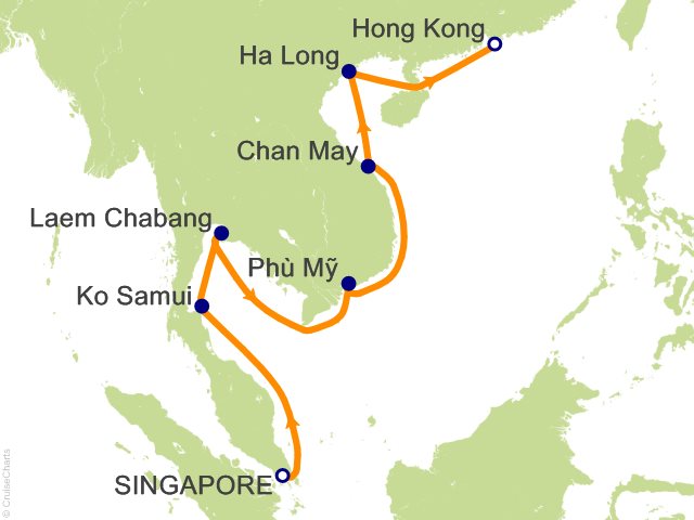 Seven Seas Splendor Voyage SPL280326 itinerary map from Singapore to Hong Kong, March 26-April 6 2028, 11 days