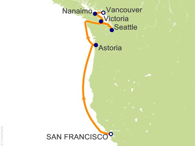 Seven Seas Splendor Voyage SPL280517 itinerary map from San Francisco to Vancouver, May 17-24 2028, 7 days