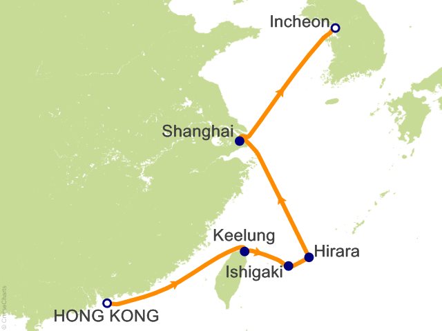 Seven Seas Splendor Voyage SPL280406 itinerary map from Hong Kong to Seoul (Incheon), April 6-16 2028, 10 days