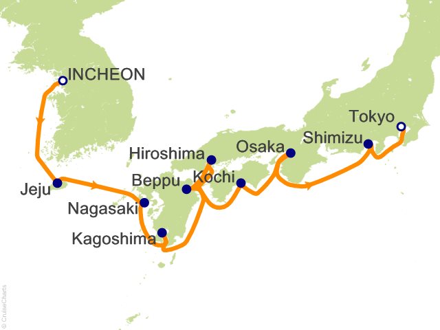 Seven Seas Splendor Voyage SPL280416 itinerary map from Seoul (Incheon) to Tokyo, April 16-27 2028, 11 days