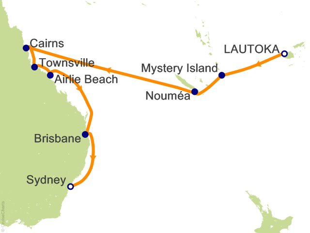 Seven Seas Splendor Voyage SPL280204 itinerary map from Lautoka to Sydney, February 4-18 2028, 14 days