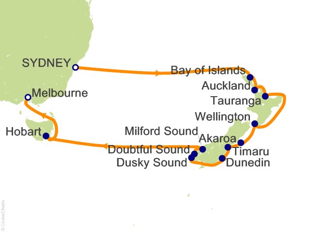 Seven Seas Splendor Voyage SPL280218 itinerary map from Sydney to Melbourne, February 18-March 5 2028, 16 days