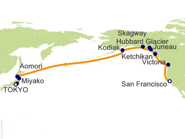Seven Seas Splendor Voyage SPL280427 itinerary map from Tokyo to San Francisco, April 27-May 17 2028, 20 days