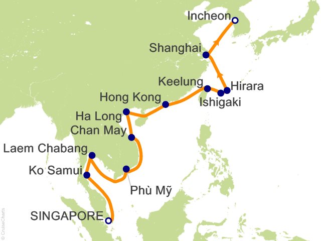 Seven Seas Splendor Voyage SPL280326A itinerary map from Singapore to Seoul (Incheon), March 26-April 16 2028, 21 days