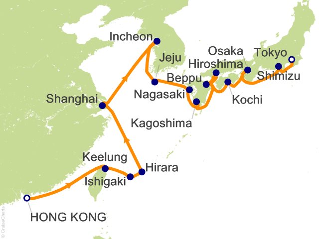 Seven Seas Splendor Voyage SPL280406A itinerary map from Hong Kong to Tokyo, April 6-27 2028, 21 days
