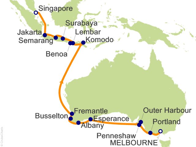 Seven Seas Splendor Voyage SPL280305 itinerary map from Melbourne to Singapore, March 5-26 2028, 21 days