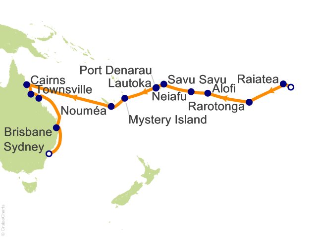 Seven Seas Splendor Voyage SPL280123A itinerary map from Papeete (Tahiti) to Sydney, January 23-February 18 2028, 26 days