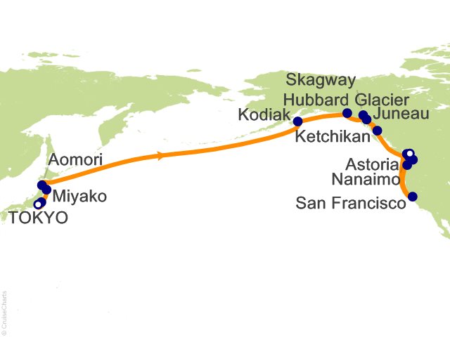 Seven Seas Splendor Voyage SPL280427A itinerary map from Tokyo to Vancouver, April 27-May 24 2028, 27 days