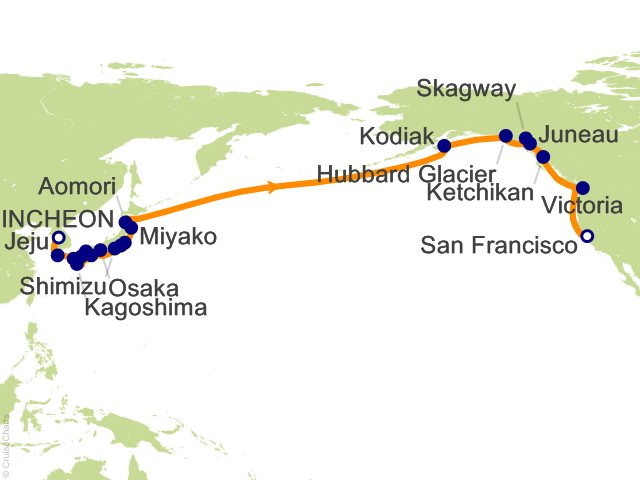 Seven Seas Splendor Voyage SPL280416A itinerary map from Seoul (Incheon) to San Francisco, April 16-May 17 2028, 31 days