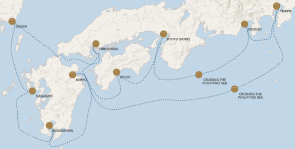 Regent Seven Seas Explorer voyage EXP271029 itinerary map from Tokyo to Tokyo