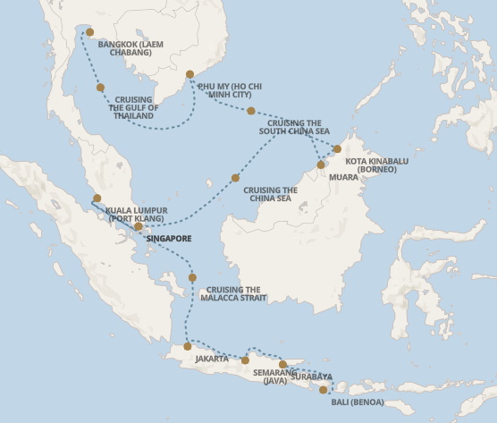 Regent Seven Seas Explorer voyage EXP270216 itinerary map from Bali (Benoa) to Bangkok (Laem Chabang)