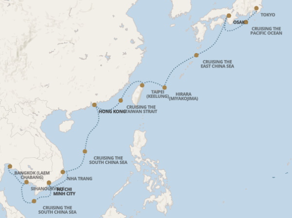 Regent Seven Seas Explorer voyage EXP270302 itinerary map from Bangkok (Laem Chabang) to Tokyo