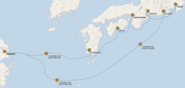 Regent Seven Seas Explorer voyage EXP270318 itinerary map from Tokyo to Tokyo