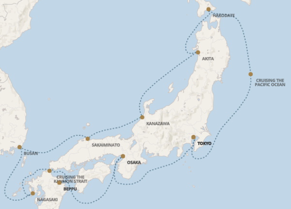Regent Seven Seas Explorer voyage EXP270330 itinerary map from Tokyo to Tokyo