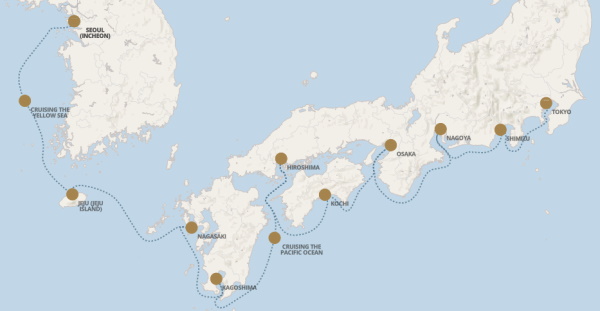Regent Seven Seas Explorer voyage EXP270413 itinerary map from Tokyo to Seoul (Incheon)