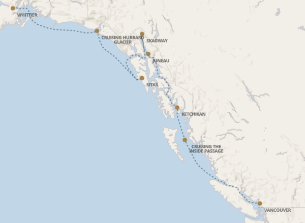Regent Seven Seas Explorer voyage EXP270616 itinerary map from Whittier to Vancouver