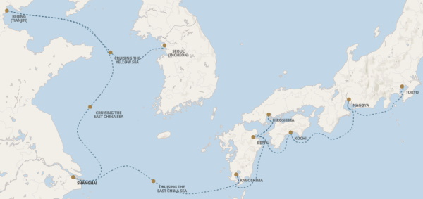 Regent Seven Seas Explorer voyage EXP270425 itinerary map from Seoul (Incheon) to Tokyo