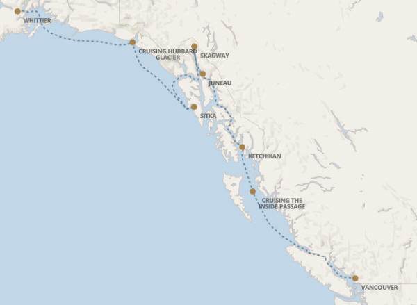 Regent Seven Seas Explorer voyage EXP270825 itinerary map from Whittier to Vancouver