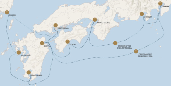 Regent Seven Seas Explorer voyage EXP271109 itinerary map from Tokyo to Tokyo