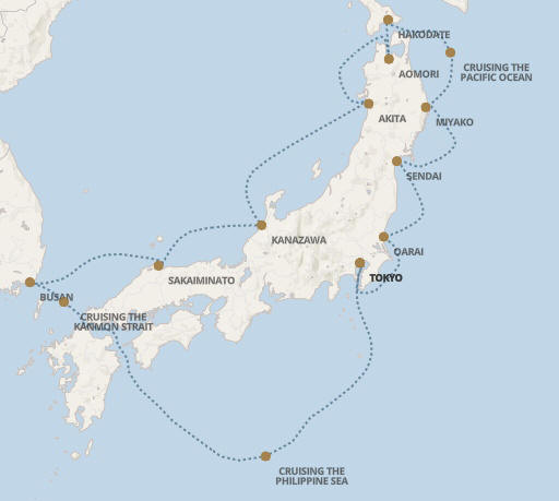 Regent Seven Seas Explorer voyage EXP271015 itinerary map from Tokyo to Tokyo