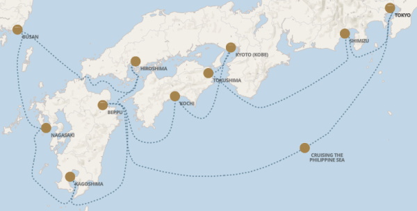 Regent Seven Seas Explorer voyage EXP271004 itinerary map from Tokyo to Tokyo