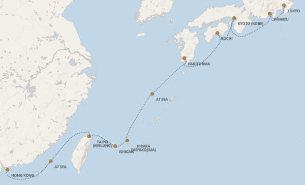 Regent Seven Seas Explorer voyage EXP271120 itinerary map from Tokyo to Hong Kong