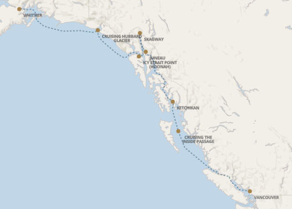 Regent Seven Seas Explorer voyage EXP270609 itinerary map from Vancouver to Whittier