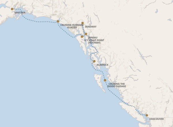 Regent Seven Seas Explorer voyage EXP270804 itinerary map from Vancouver to Whittier