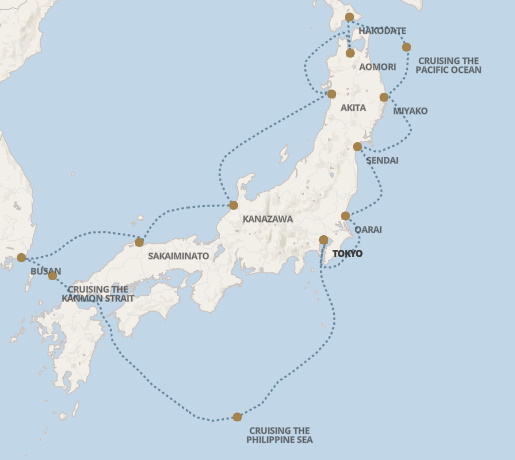 Regent Seven Seas Explorer voyage EXP280317 itinerary map from Tokyo to Tokyo