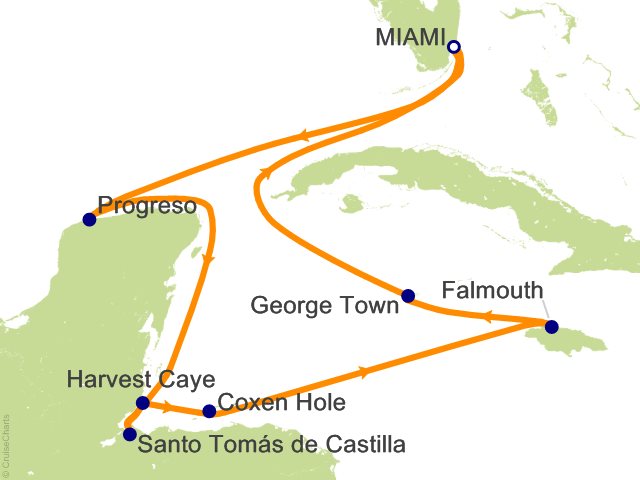 Seven Seas Prestige Voyage PRT261228 itinerary map from Miami to Miami, December 28-January 8 2027, 11 days
