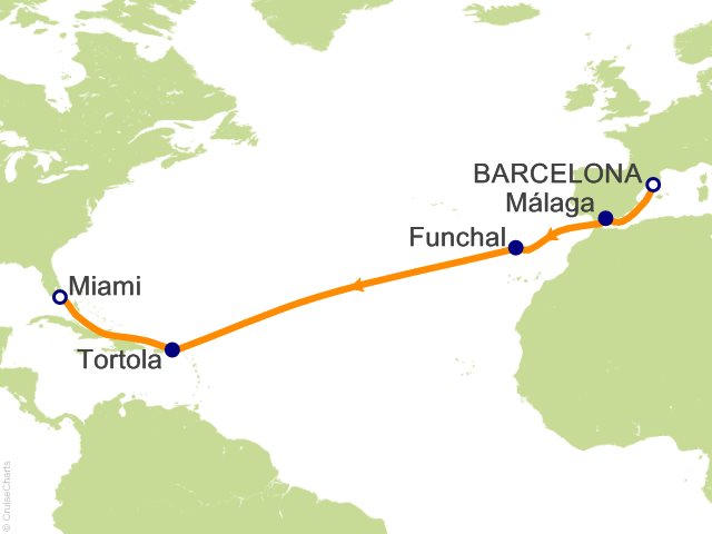 Seven Seas Prestige Voyage PRT261213 itinerary map from Barcelona to Miami, December 13-27 2026, 14 days
