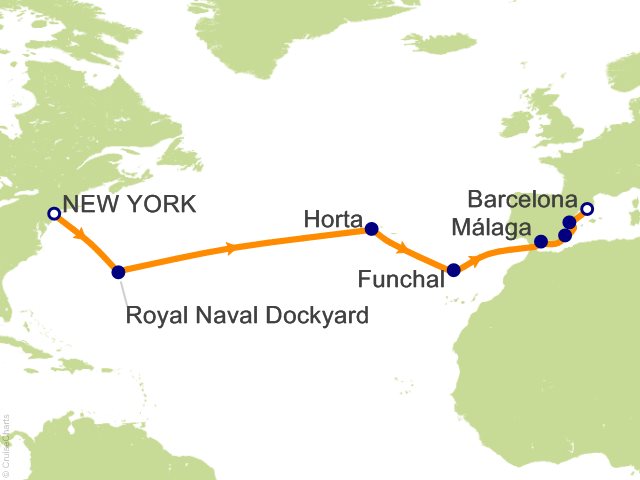 Seven Seas Prestige Voyage PRT270427 itinerary map from New York to Barcelona, April 27-May 11 2027, 14 days