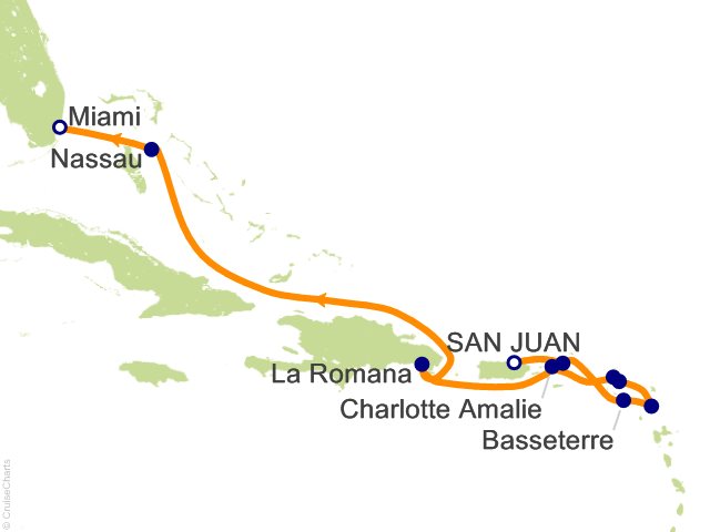 Seven Seas Prestige Voyage PRT270330 itinerary map from San Juan to Miami, March 30-April 9 2027, 10 days