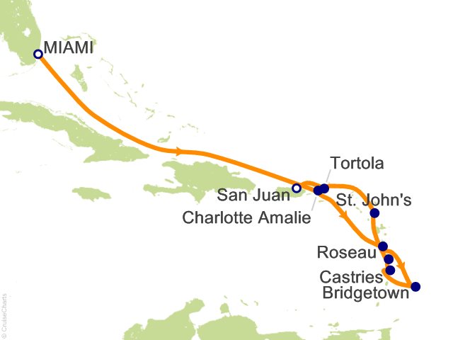 Seven Seas Prestige Voyage PRT270320 itinerary map from Miami to San Juan, March 20-30 2027, 10 days