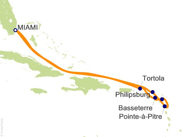 Seven Seas Prestige Voyage PRT270110 itinerary map from Miami to Miami, January 10-20 2027, 10 days