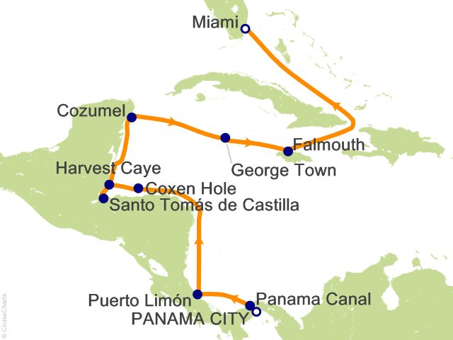 Seven Seas Prestige Voyage PRT270222 itinerary map from Panama City to Miami, February 22-March 5 2027, 11 days