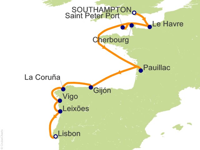 Seven Seas Prestige Voyage PRT270527 itinerary map from London (Southampton) to Lisbon, May 27-June 8 2027, 12 days