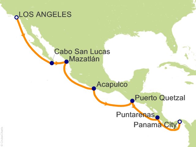 Seven Seas Prestige Voyage PRT270210 itinerary map from Los Angeles to Panama City, February 10-22 2027, 12 days