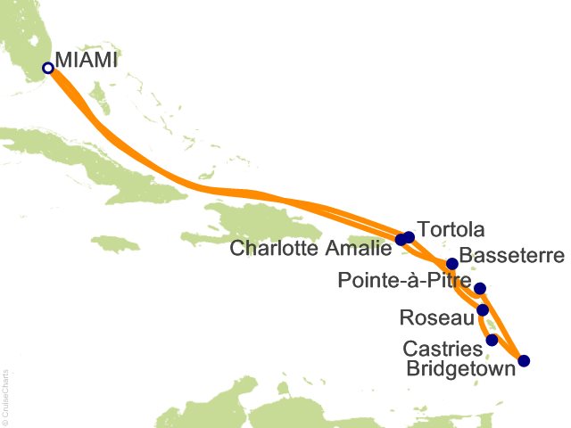 Seven Seas Prestige Voyage PRT270305 itinerary map from Miami to Miami, March 5-17 2027, 12 days